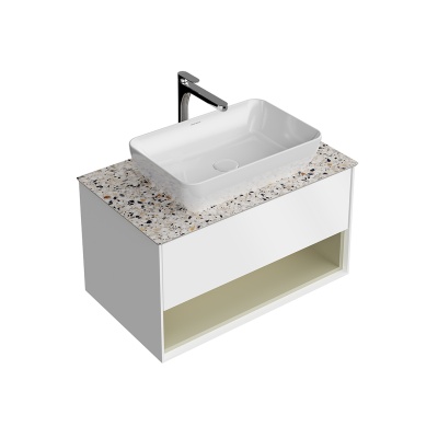 Тумба PLAZA Modern подвесная 80, рush, 1 ящик, подсветка, белый матовый + Шалфей