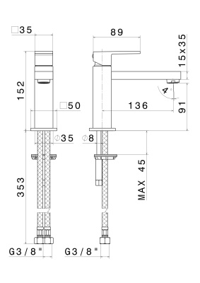 Смеситель для раковины FUTURA однорычажный без донного клапана 3/8, матовый черный