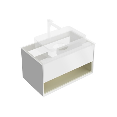 Тумба PLAZA Modern подвесная 80, push, 1 ящик, подсветка, белая матовая+шалфей