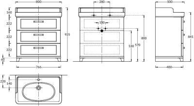 Тумба POMPEI напольная с 3 ящиками 80, белая глянцевая