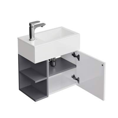 Тумба LATO подвесная 50 см, дверца push + полочки, утренний серый + серый пыльный матовый