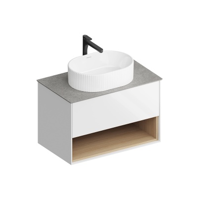 Тумба PLAZA Modern подвесная с ящиком и полкой 80, белая глянцевая