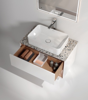 Тумба PLAZA Modern подвесная 80, push, 1 ящик, подсветка, белый матовый + Сахара