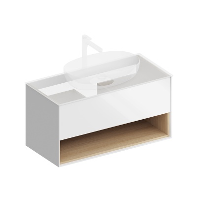 Тумба PLAZA Modern подвесная с ящиком и полкой 100, белая