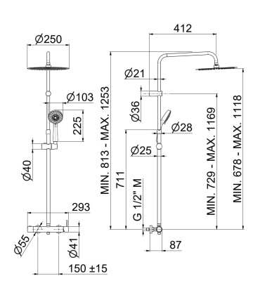 Душевая колонна NOTA на 2 потока с механическим смесителем с ручным душем на 5 режимов, хром Душевая колонна NOTA на 2 потока с механическим смесителем с ручным душем на 5 режимов, хром